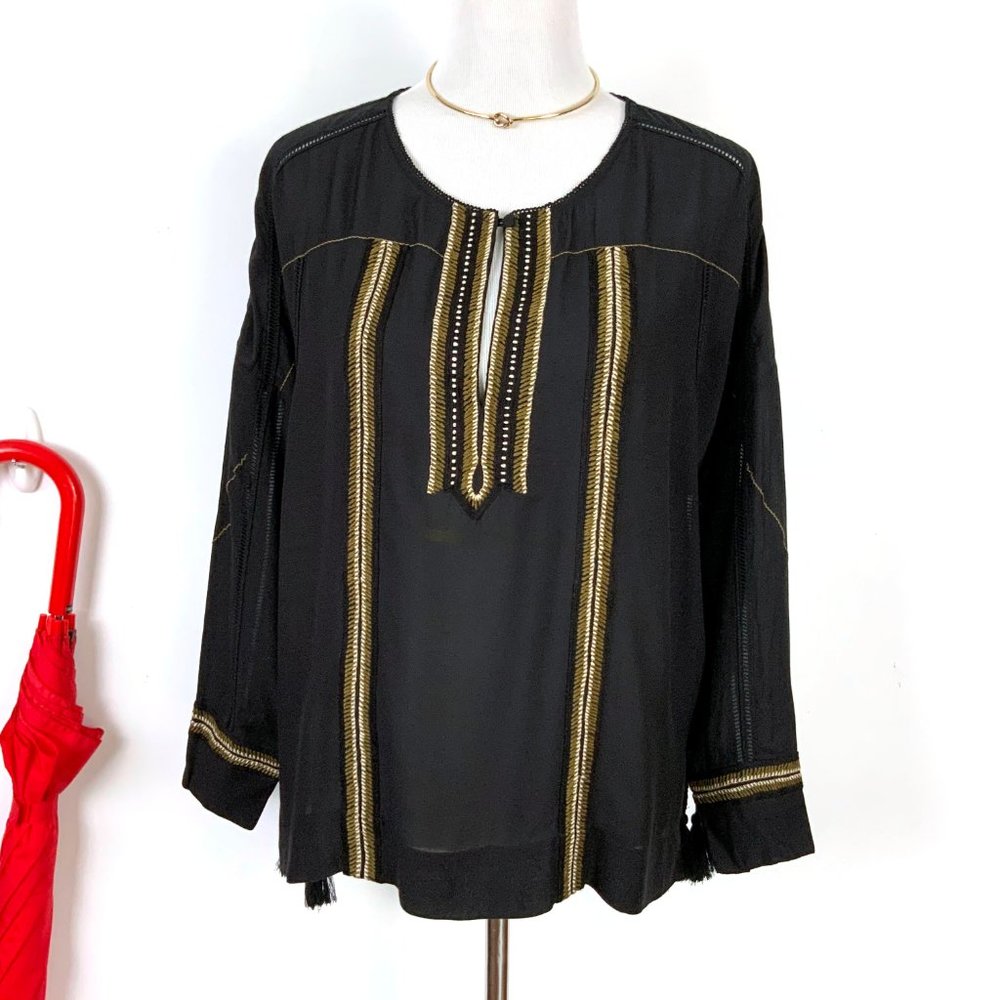 New Gold Hawk BOHO Black Long Sleeve Embroidered Blouse Sz M